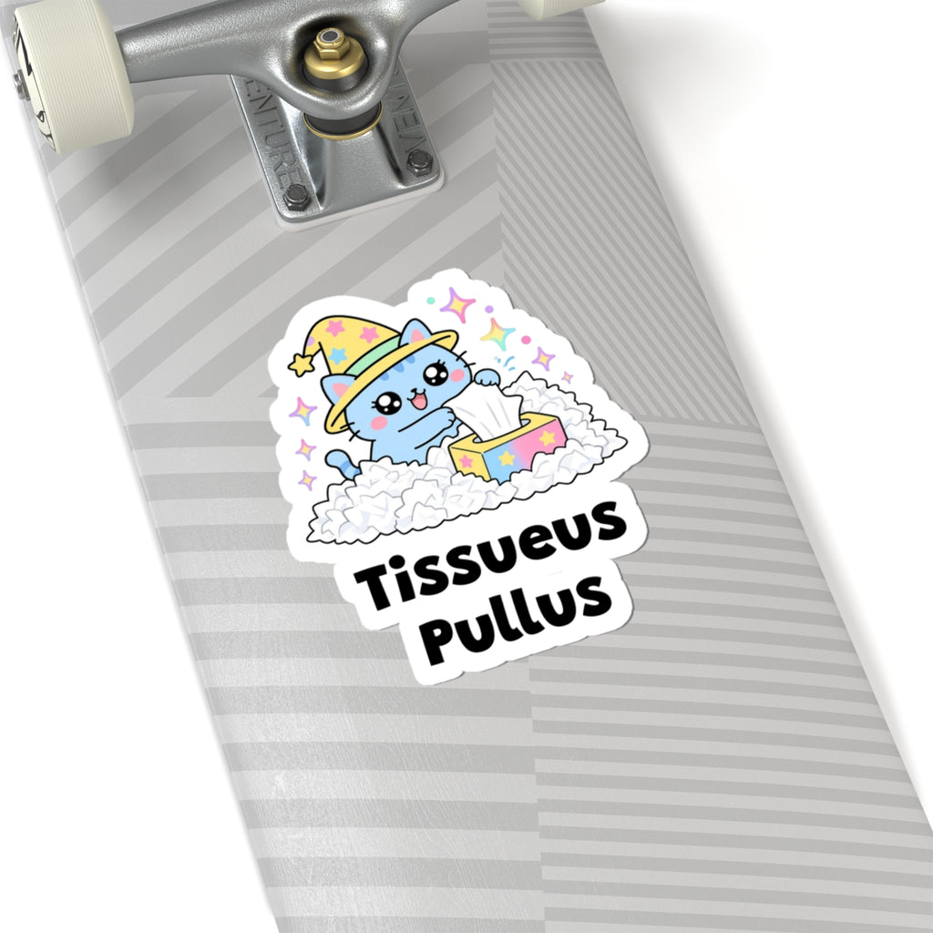 Tissueus Pullus wizard cat sticker on a grey skateboard deck near the truck