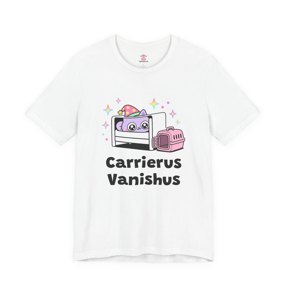 Purple wizard cat hiding under a bed with glowing eyes while a pink pet carrier waits nearby, Carrierus Vanishus tee