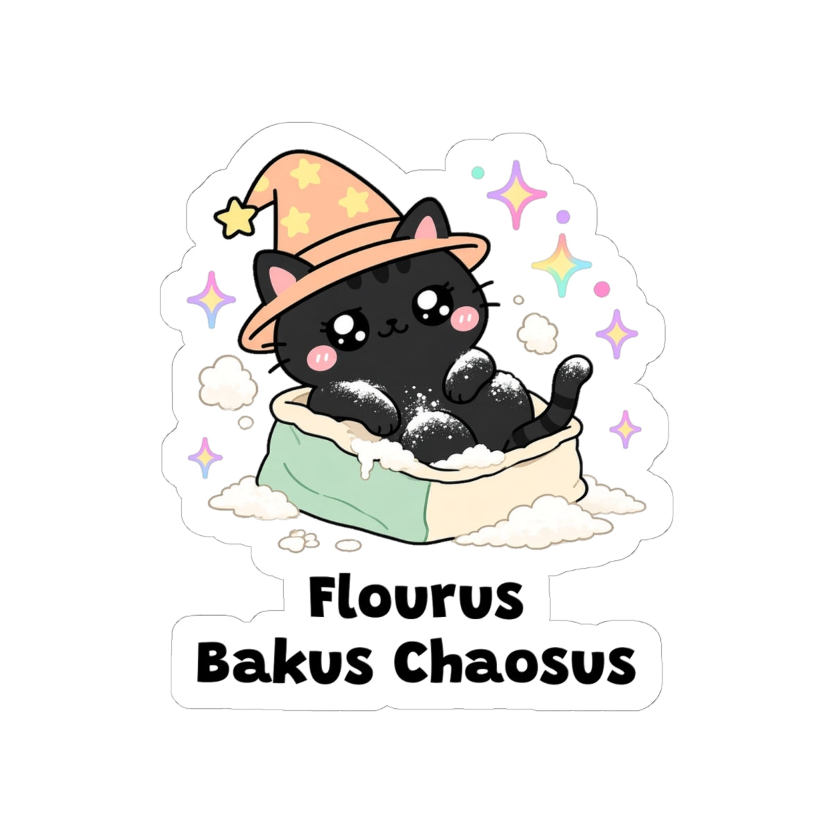 Flourus Bakus Chaosus kiss-cut vinyl sticker on a white background, size option 3: black-and-white wizard cat in an orange hat sprawled in a spilled bag of flour