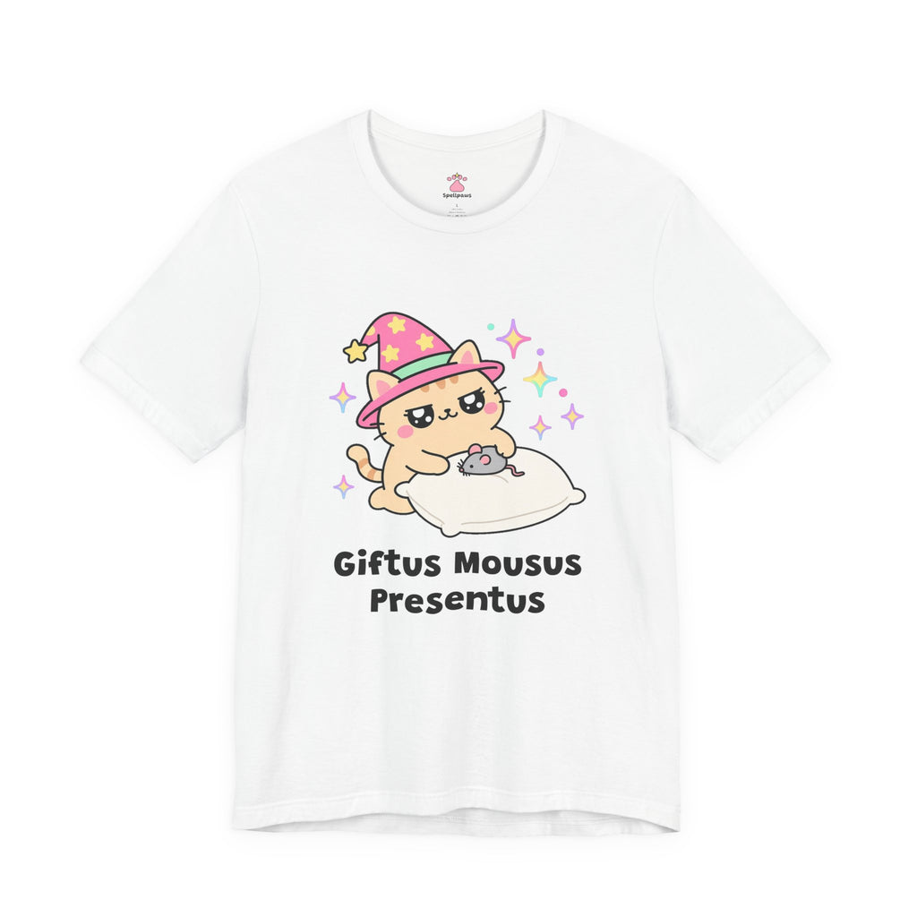 Orange wizard cat in a pink hat proudly delivering a toy mouse onto a pillow, Giftus Mousus Presentus tee