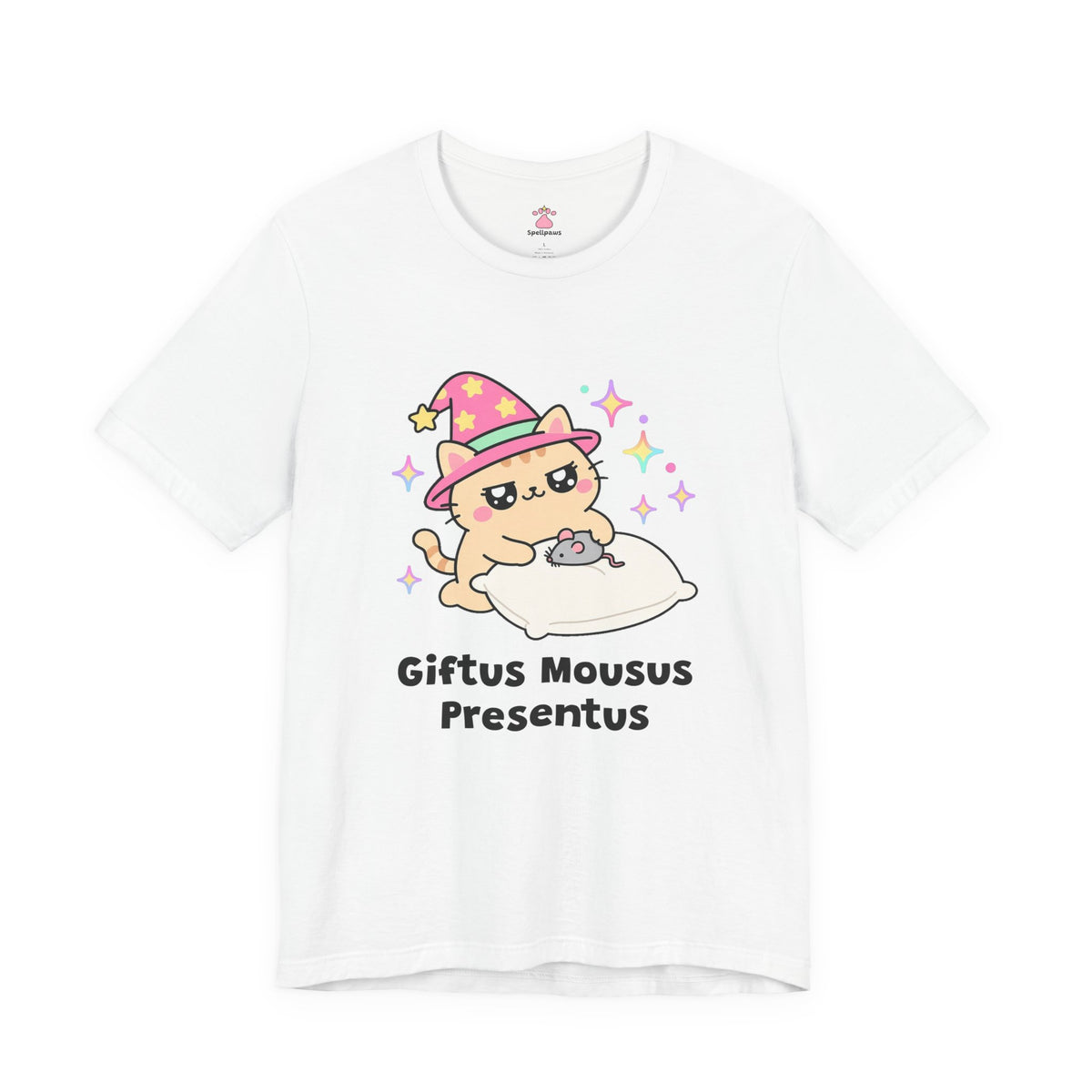 Orange wizard cat in a pink hat proudly delivering a toy mouse onto a pillow, Giftus Mousus Presentus tee