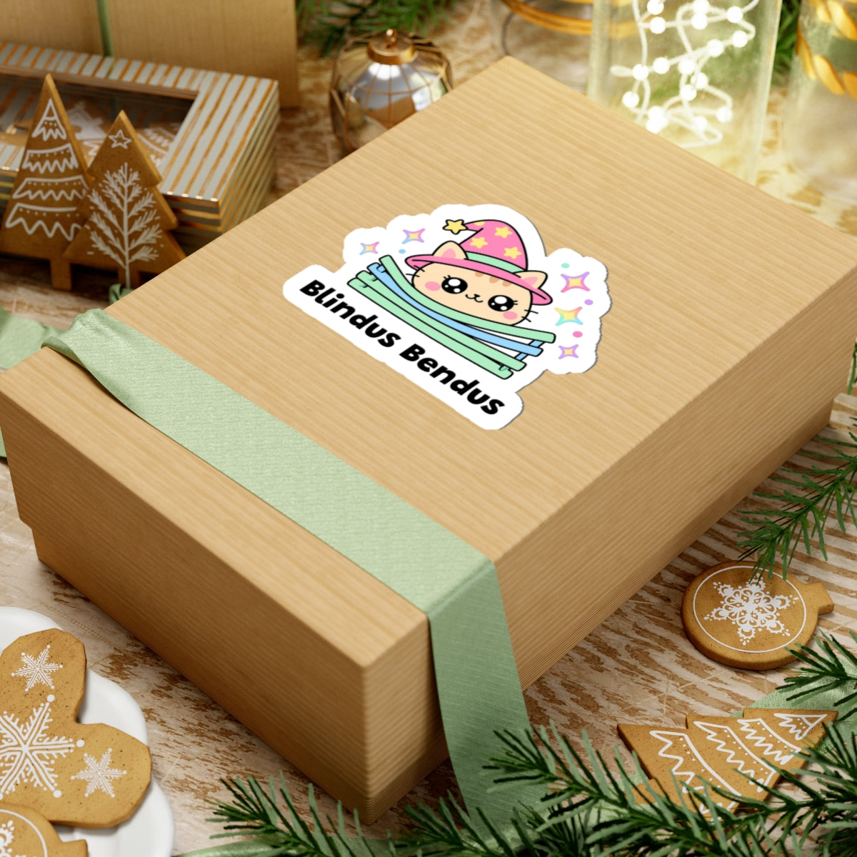 Blindus Bendus wizard cat sticker on a kraft gift box with a green ribbon and holiday cookies