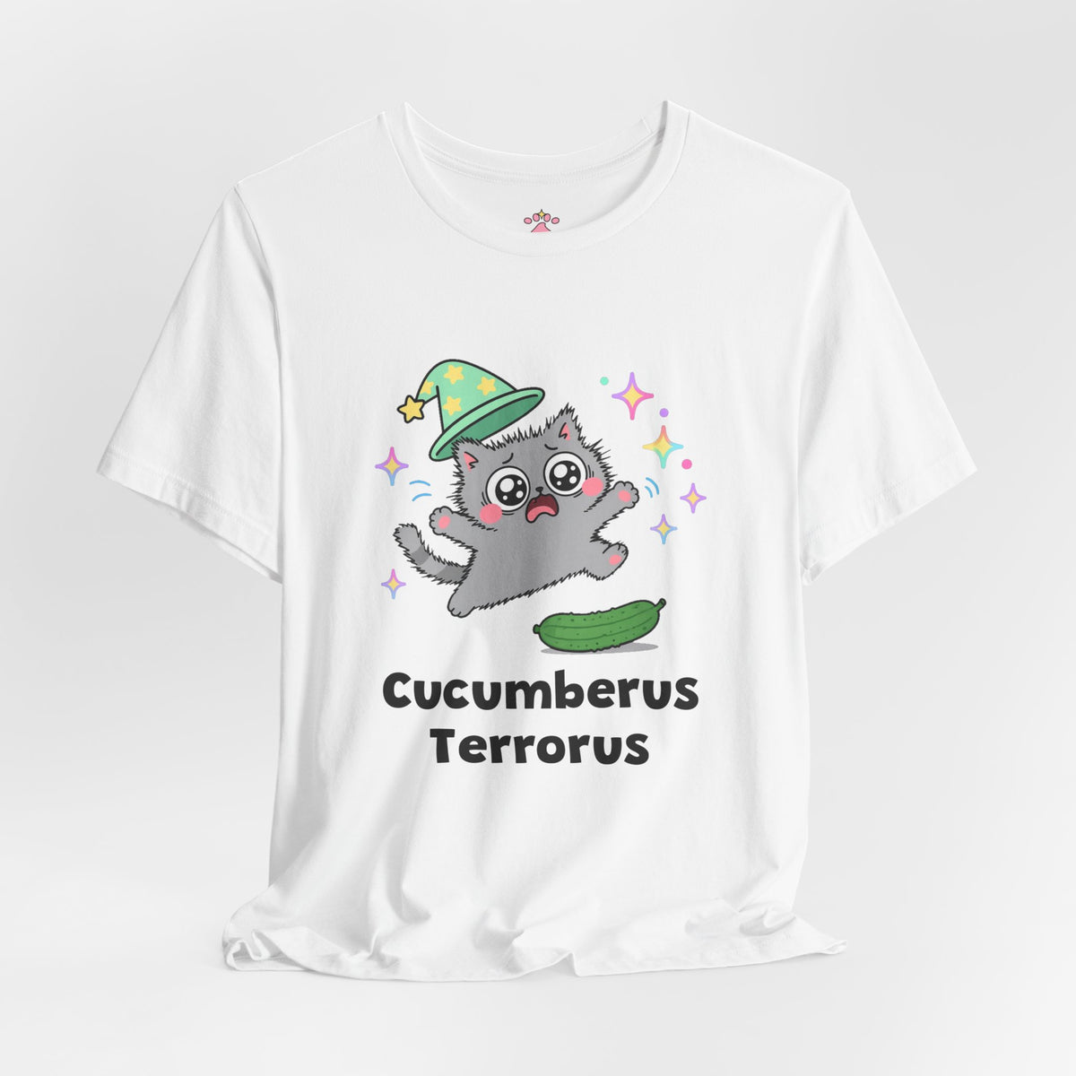 Gray wizard cat in a green hat leaping into the air in fright at a cucumber on the floor, Cucumberus Terrorus tee