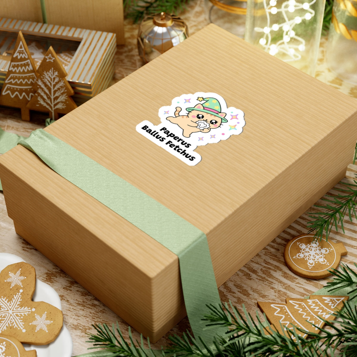 Paperus Ballus Fetchus wizard cat sticker on a kraft gift box with a green ribbon and holiday cookies