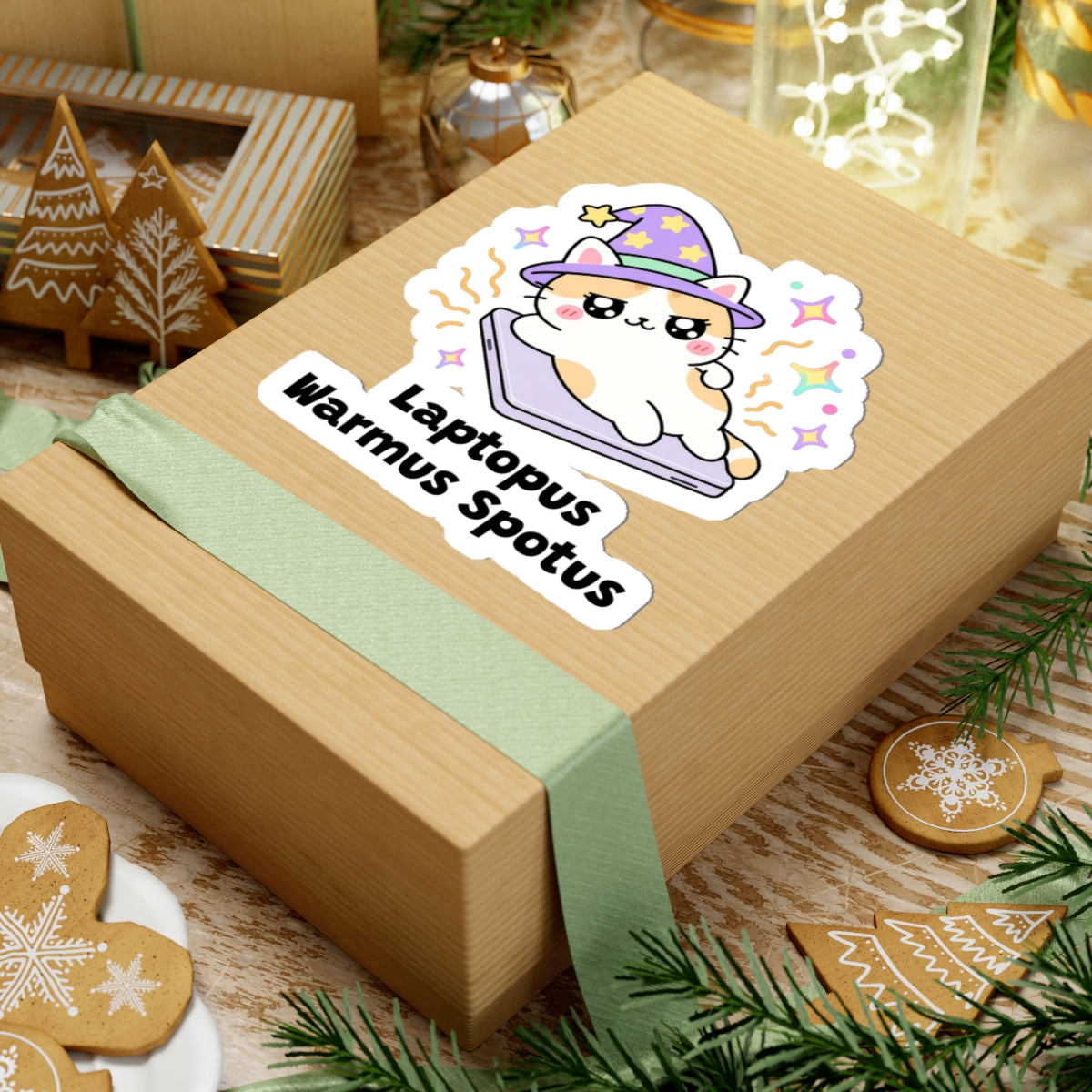 Laptopus Warmus Spotus wizard cat sticker on a kraft gift box with a green ribbon and holiday cookies
