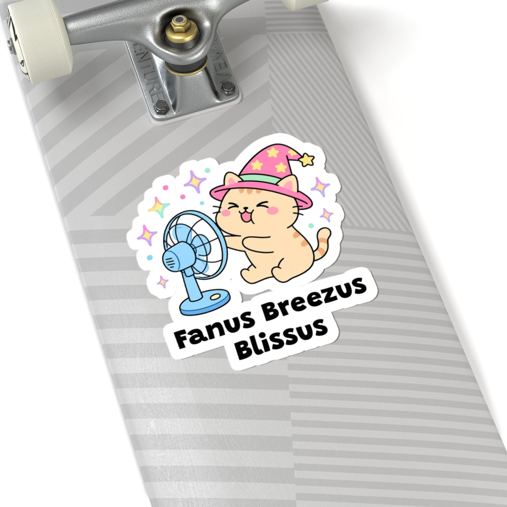 Fanus Breezus Blissus wizard cat sticker on a grey skateboard deck near the truck