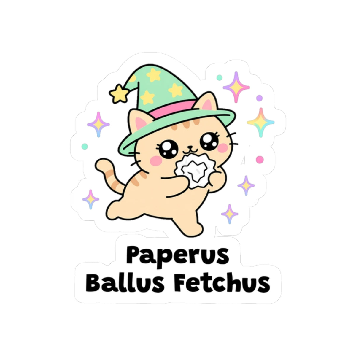 Paperus Ballus Fetchus kiss-cut vinyl sticker on a white background, size option 4: peach wizard cat in a green hat carrying a crumpled paper ball in its mouth