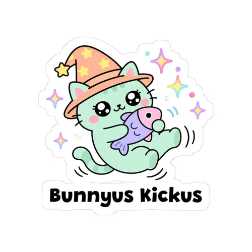 Bunnyus Kickus kiss-cut vinyl sticker with a white border: mint-green wizard cat in an orange hat bunny-kicking a stuffed toy, with "Bunnyus Kickus" in black letters