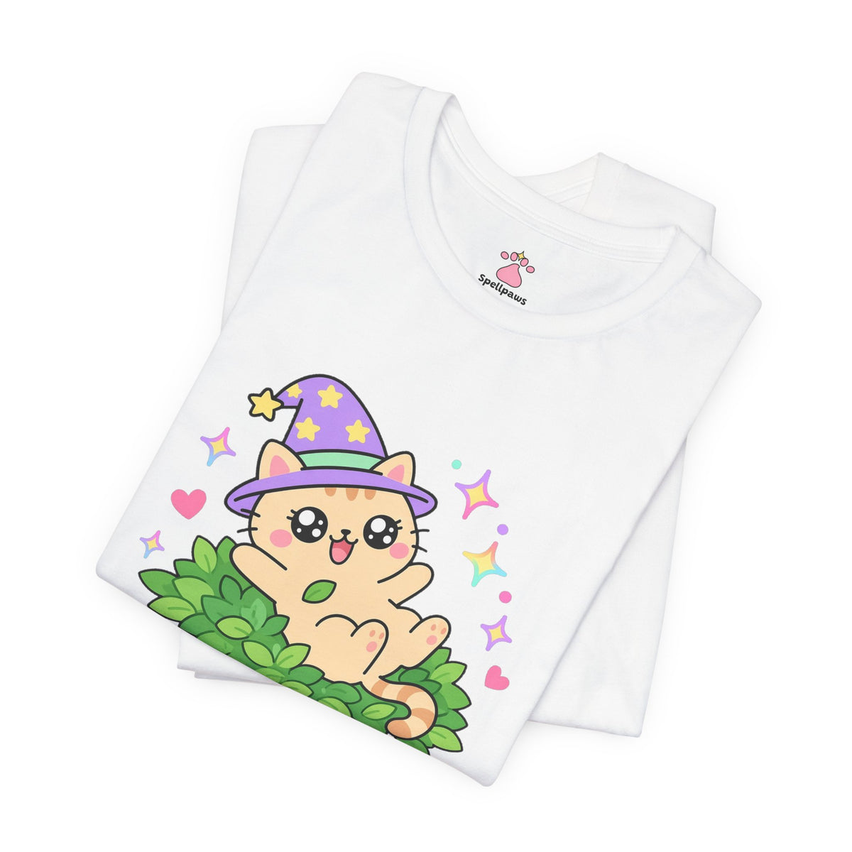 Orange wizard cat in a purple hat happily rolling on its back in a pile of green catnip with hearts and sparkles, Catnipus Blissus tee