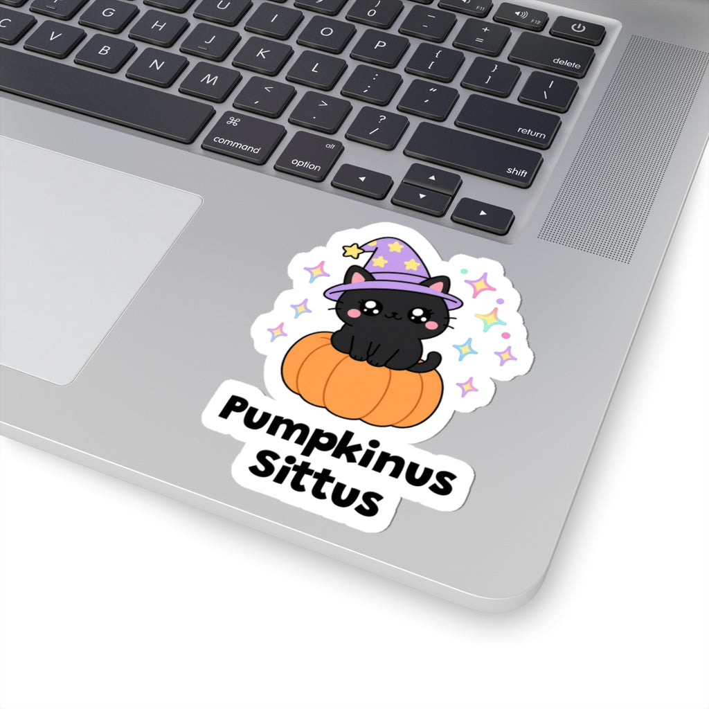 Pumpkinus Sittus wizard cat sticker stuck on a silver laptop next to the keyboard
