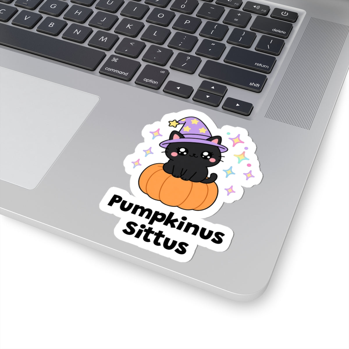 Pumpkinus Sittus wizard cat sticker stuck on a silver laptop next to the keyboard