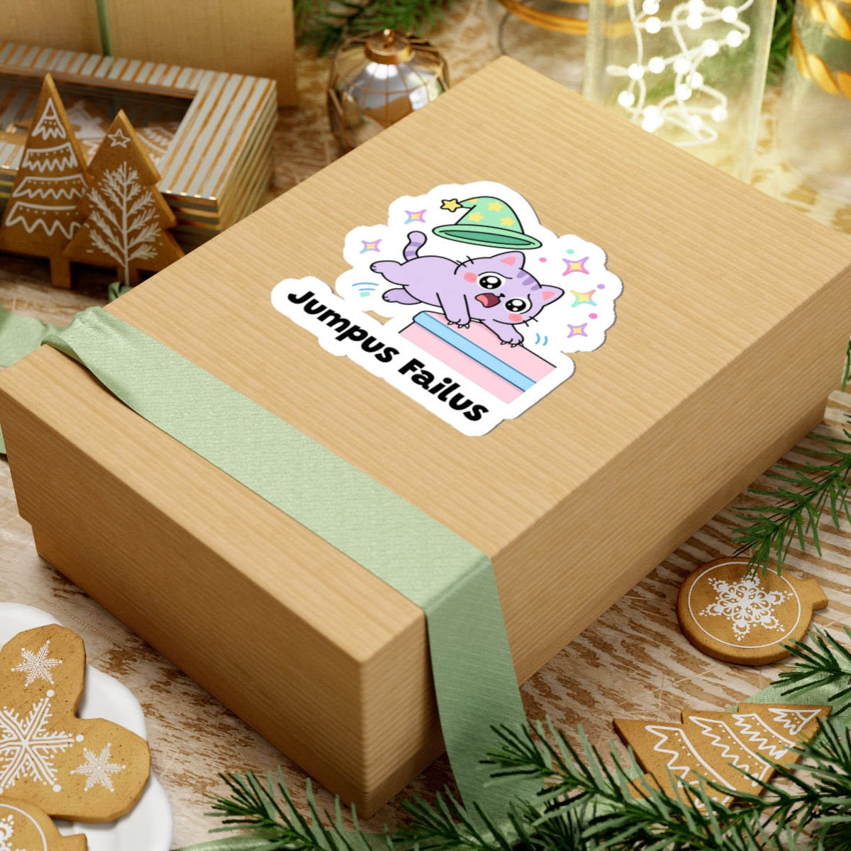 Jumpus Failus wizard cat sticker on a kraft gift box with a green ribbon and holiday cookies