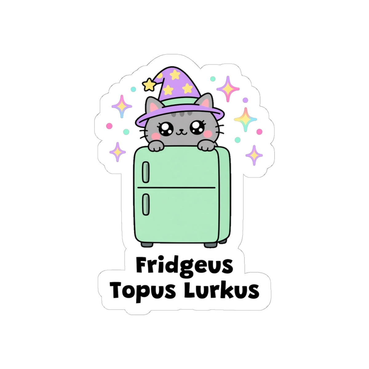 Fridgeus Topus Lurkus kiss-cut vinyl sticker on a white background, size option 3: grey wizard cat in a purple hat lurking on top of a mint-green fridge