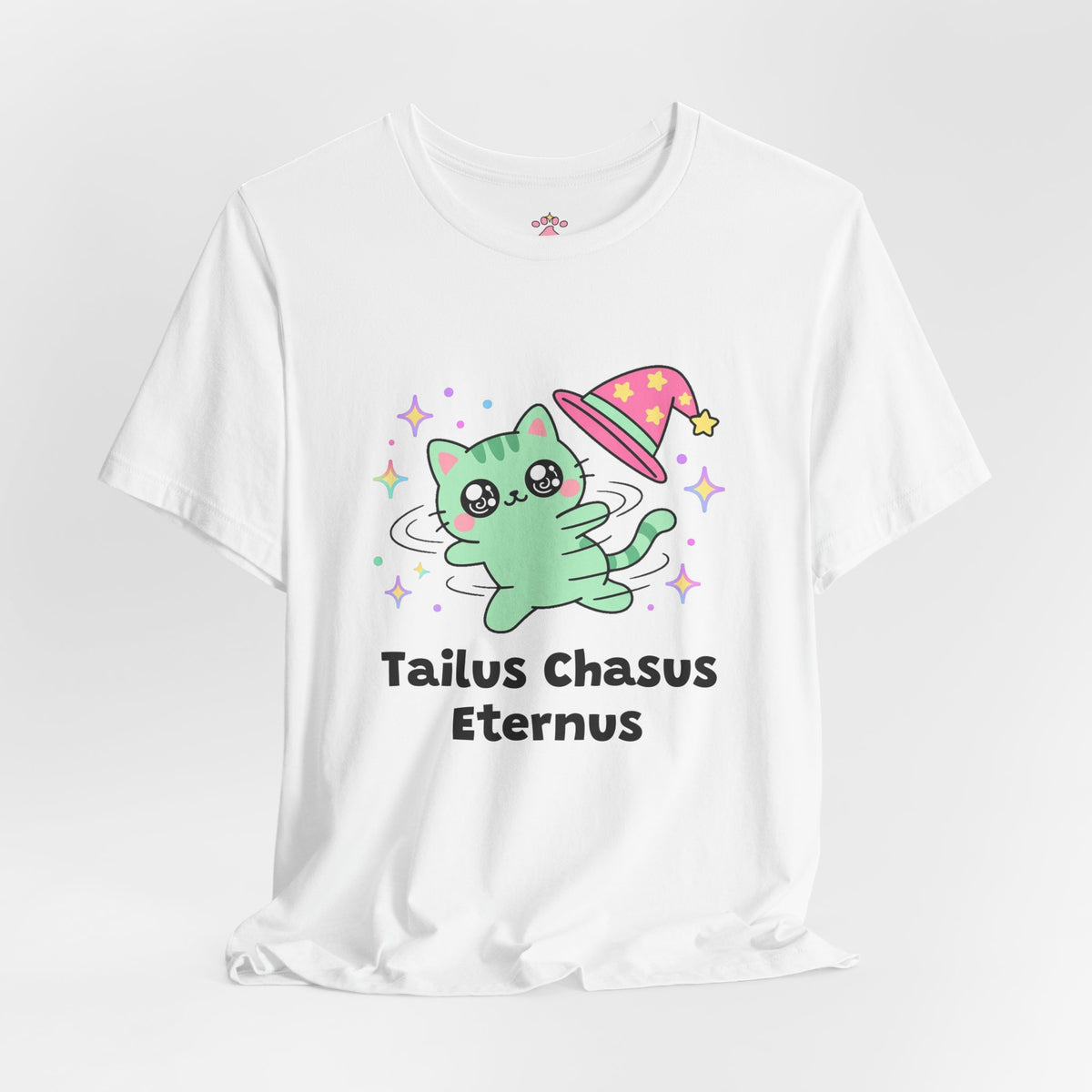 Green wizard cat in a pink hat spinning in a circle chasing its own tail, Tailus Chasus Eternus tee