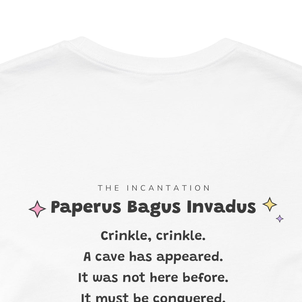 Wizard cat diving headfirst into a paper bag, pink hat beside it, Paperus Bagus Invadus tee