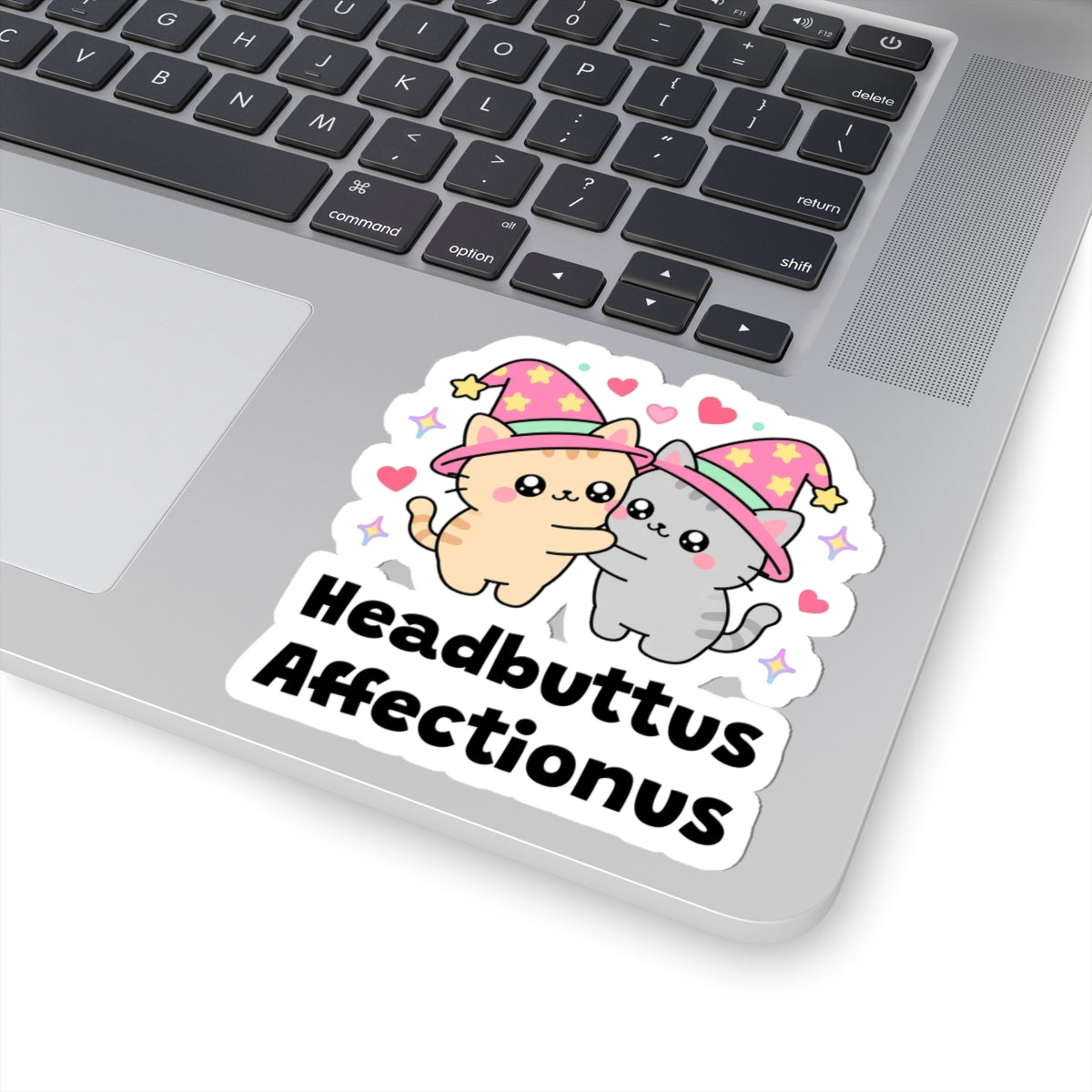 Headbuttus Affectionus wizard cat sticker stuck on a silver laptop next to the keyboard