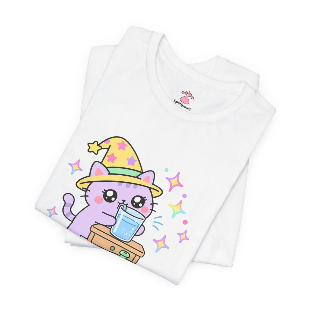 Lavender wizard cat in a yellow hat drinking from a human water glass on a nightstand, Waterus Glassus Thievus tee