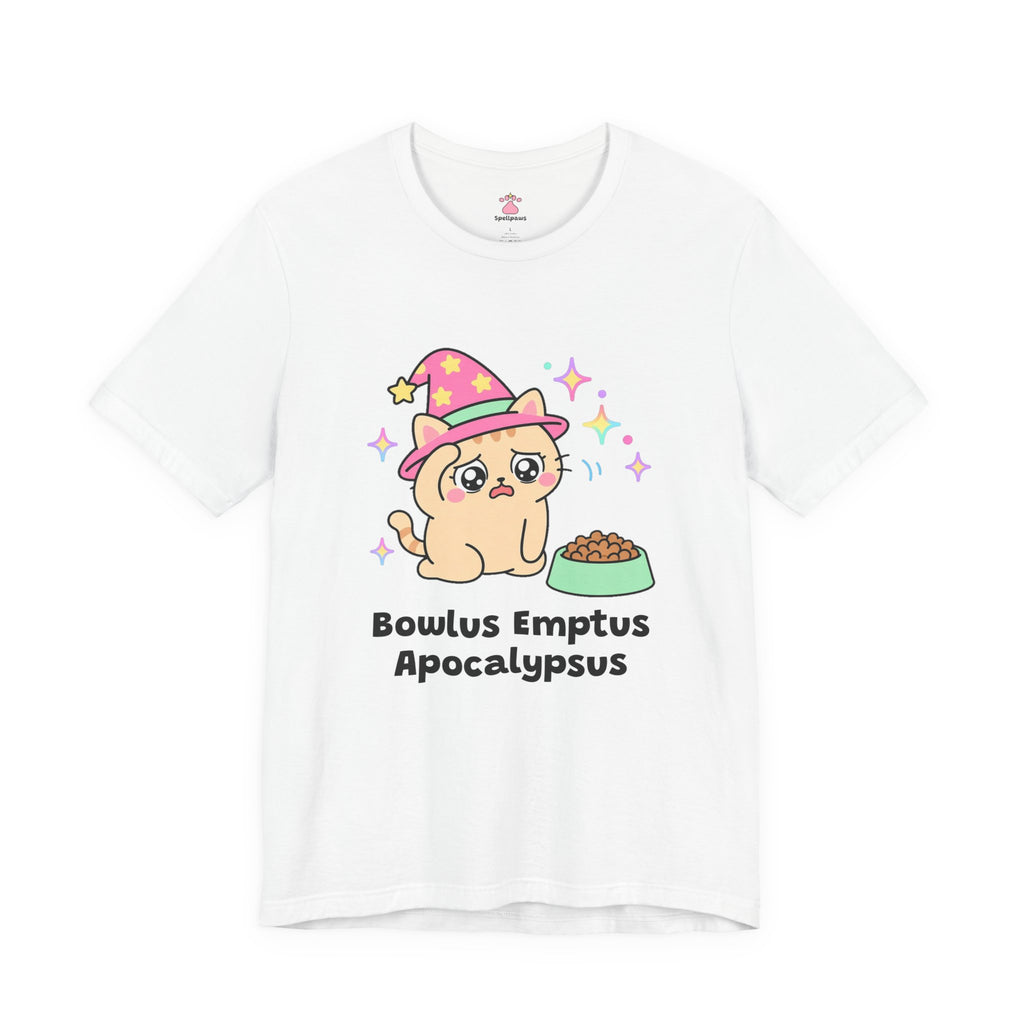 Wizard cat in a pink hat sitting tragically beside a mostly full food bowl, Bowlus Emptus Apocalypsus tee