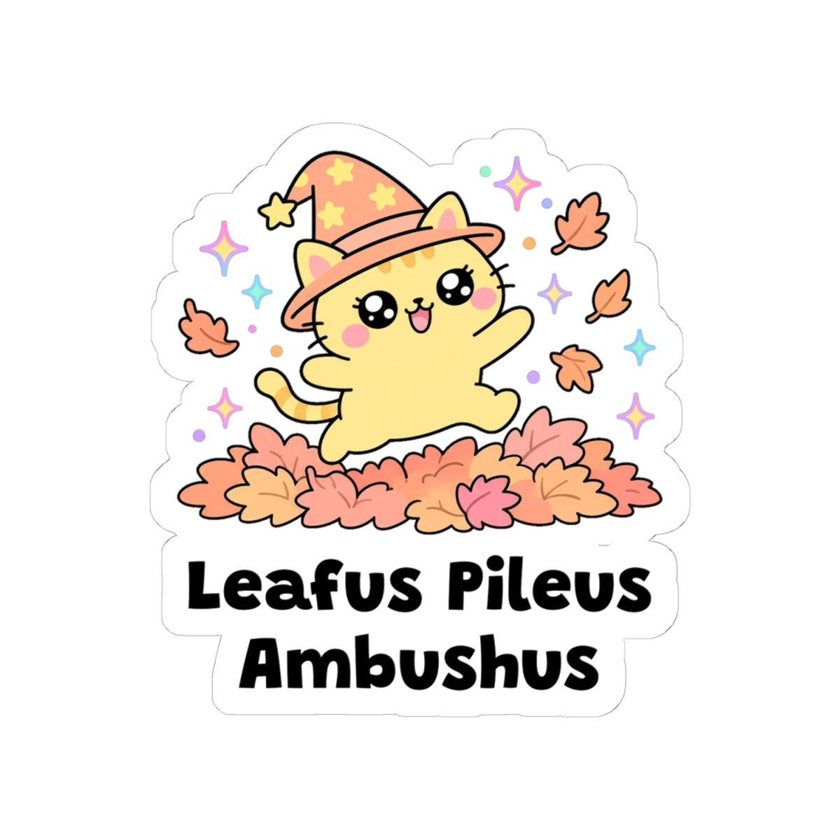 Leafus Pileus Ambushus kiss-cut vinyl sticker on a white background, size option 2: yellow wizard cat in a pink hat leaping out of a pile of orange autumn leaves