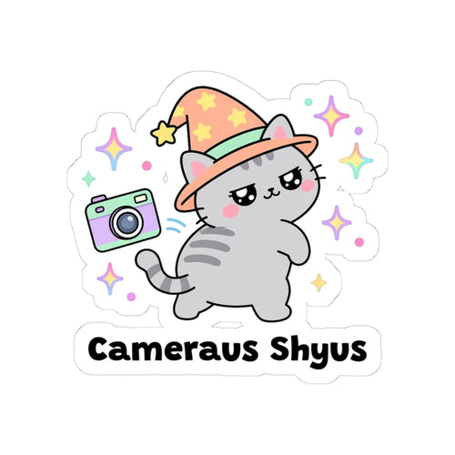 Cameraus Shyus kiss-cut vinyl sticker on a white background, size option 2: grey tabby wizard cat in an orange hat turning away from a camera