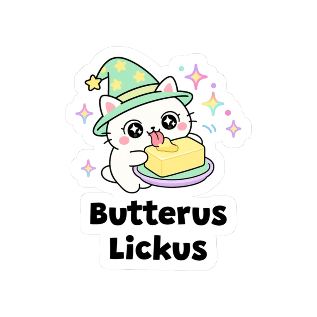 Butterus Lickus kiss-cut vinyl sticker on a white background, size option 4: white wizard cat in a green hat licking a stick of yellow butter