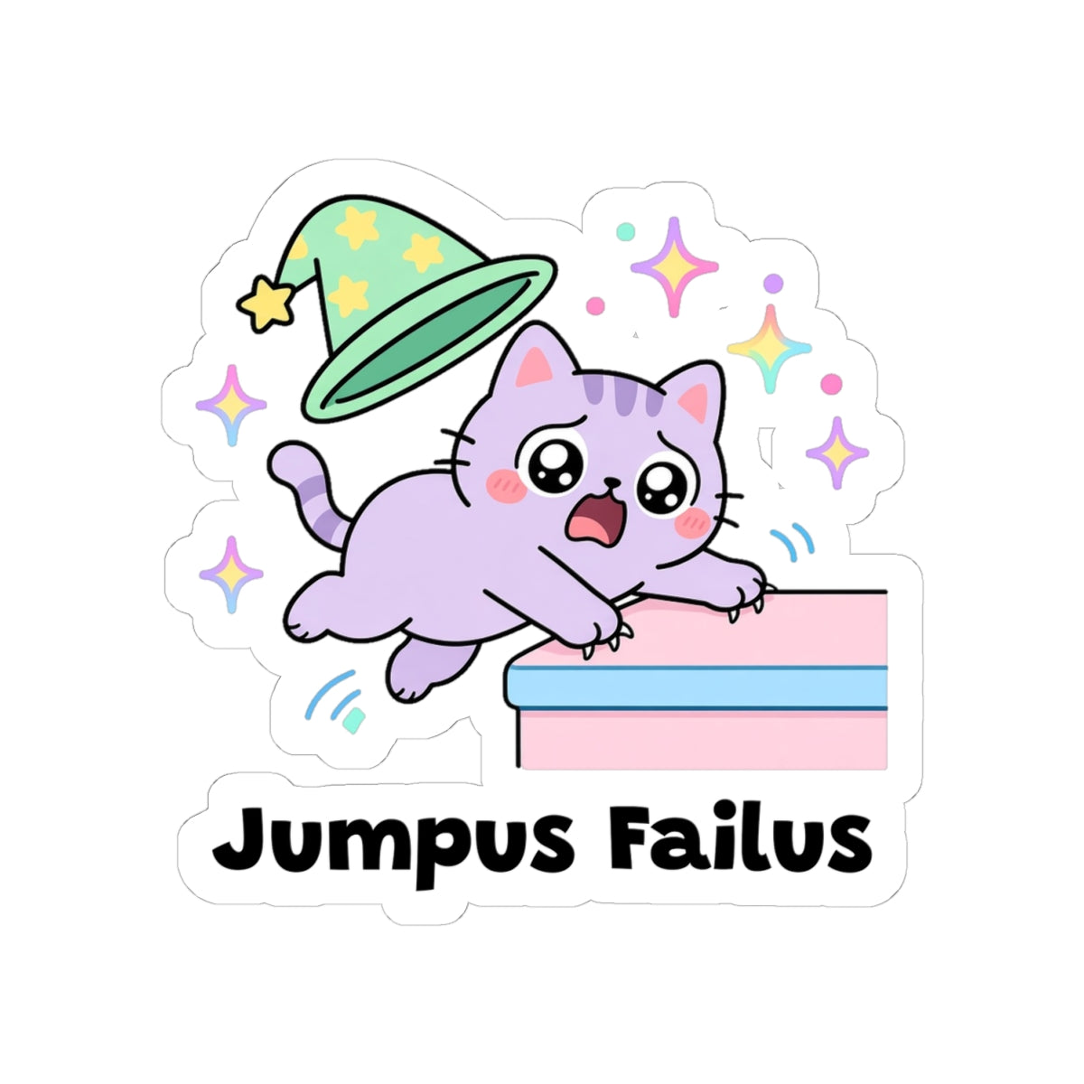 Jumpus Failus kiss-cut vinyl sticker on a white background, size option 2: lilac wizard cat in a green hat missing a jump onto a pastel ledge