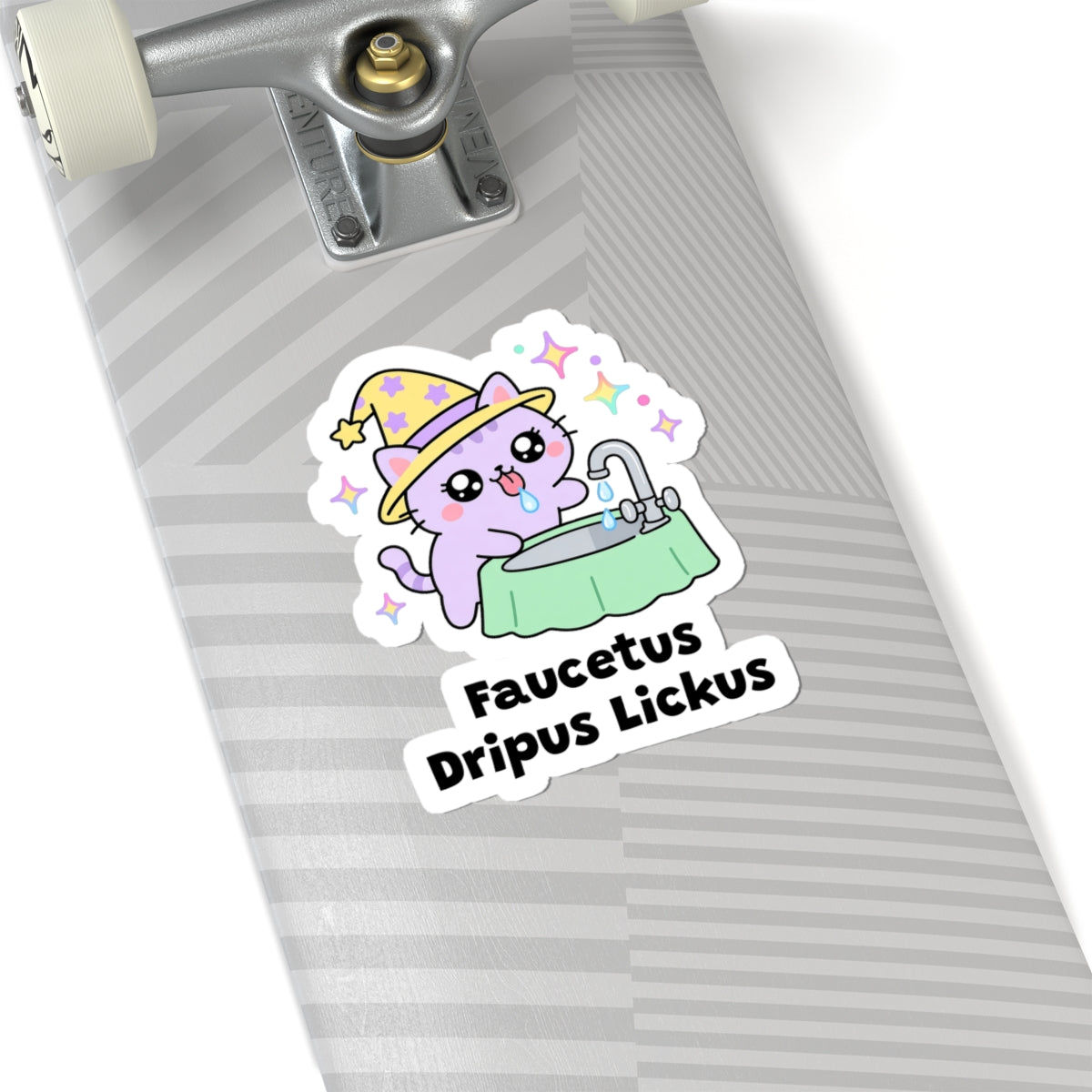 Faucetus Dripus Lickus wizard cat sticker on a grey skateboard deck near the truck