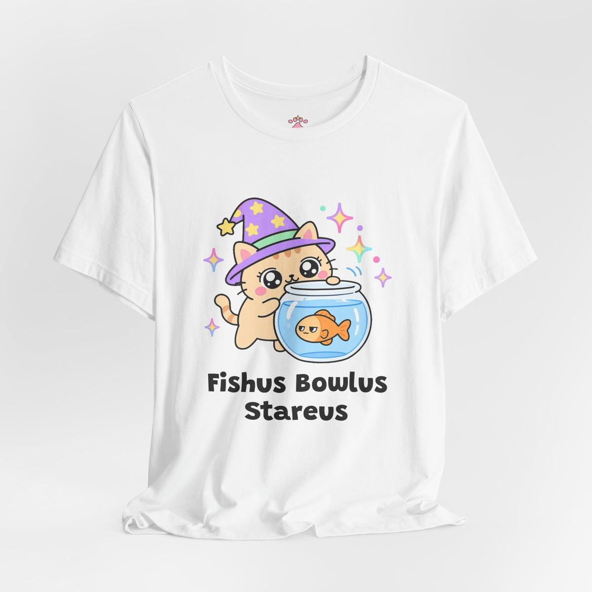 Wizard cat in a purple hat pressing its face against a fishbowl with a calm orange fish, Fishus Bowlus Stareus tee