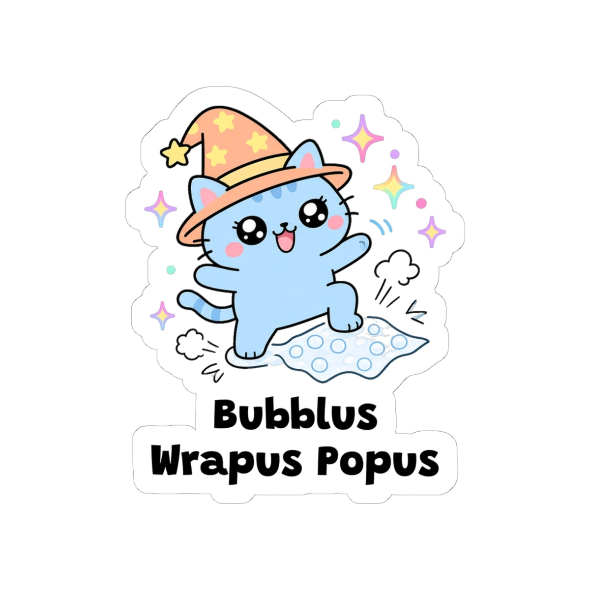 Bubblus Wrapus Popus kiss-cut vinyl sticker on a white background, size option 3: blue wizard cat in an orange hat stomping on bubble wrap
