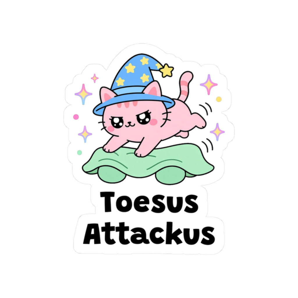 Toesus Attackus kiss-cut vinyl sticker on a white background, size option 4: pink wizard cat in a blue hat pouncing on toes wiggling under a green blanket