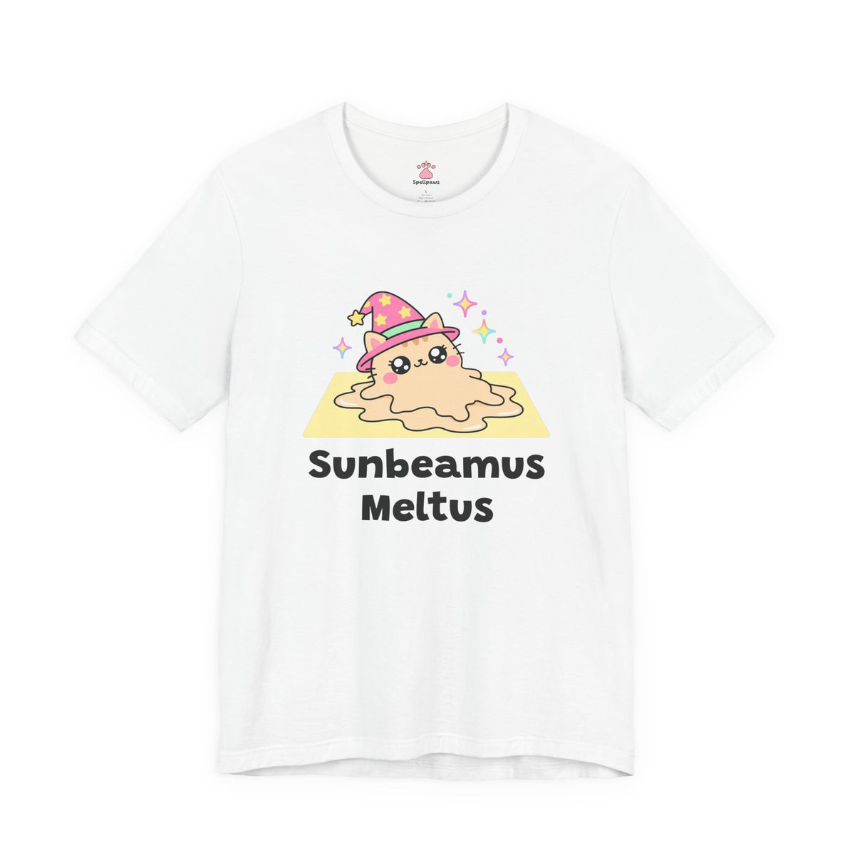 Wizard cat in a pink hat melted into a puddle inside a square sunbeam on the floor, Sunbeamus Meltus tee