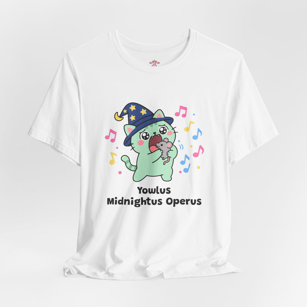 Mint wizard cat in a navy star hat singing opera at midnight holding a toy mouse, music notes all around, Yowlus Midnightus Operus tee