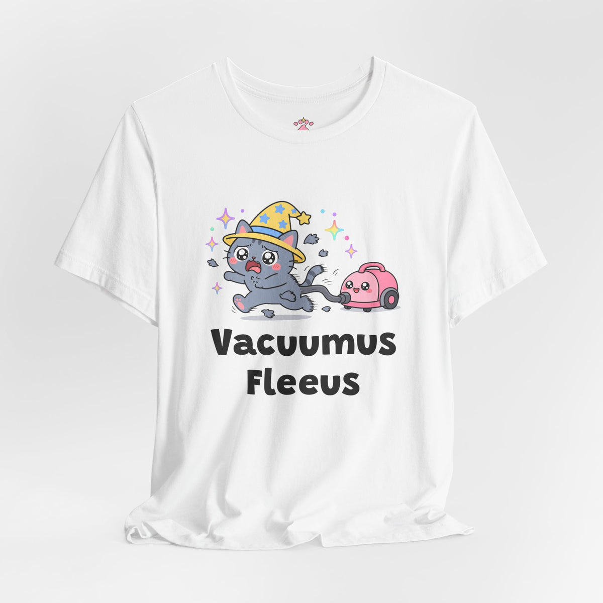 Grey wizard cat in a yellow hat fleeing in panic from a pink vacuum cleaner, fur flying, Vacuumus Fleeus tee