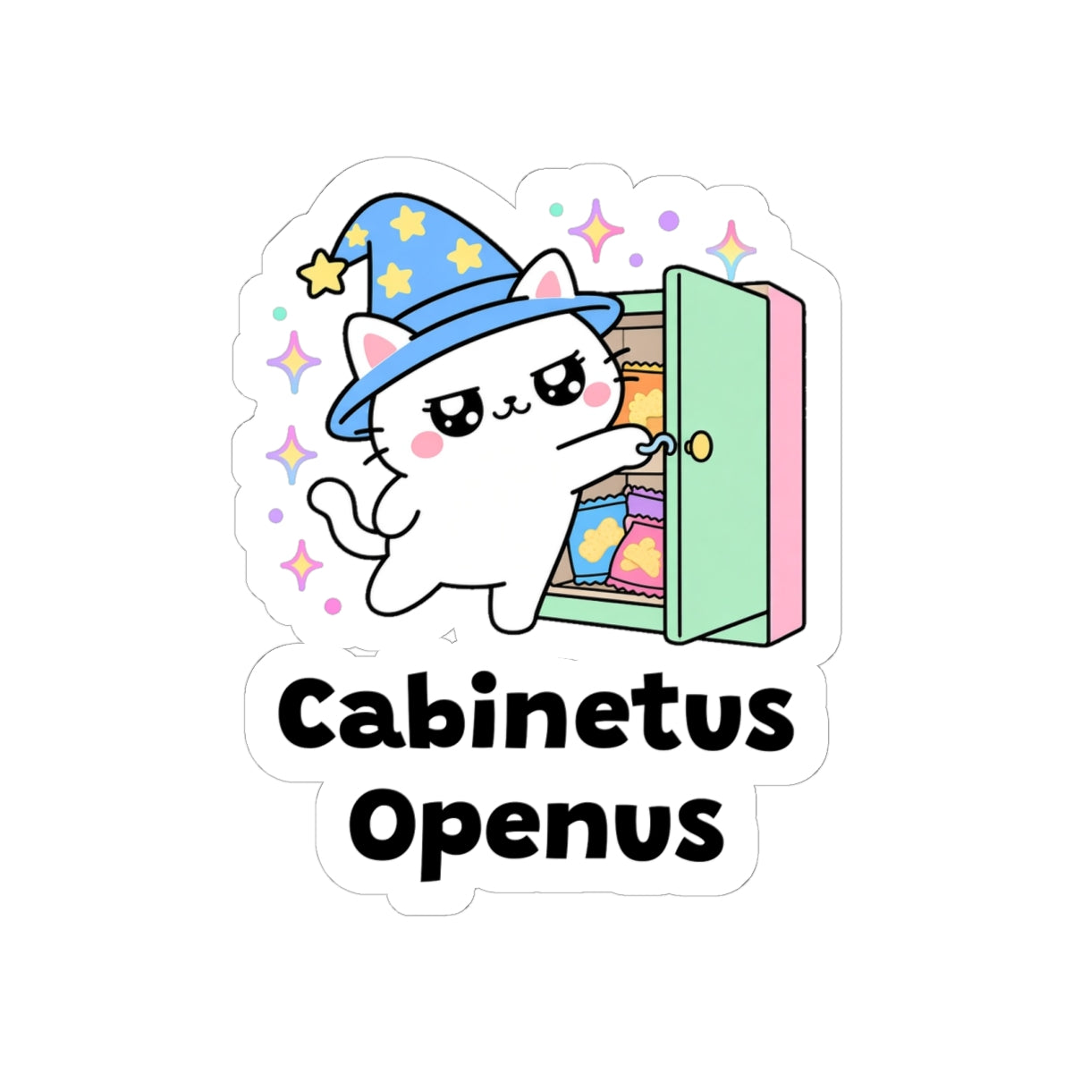 Cabinetus Openus kiss-cut vinyl sticker on a white background, size option 3: white wizard cat in a blue hat pulling open a kitchen cabinet door