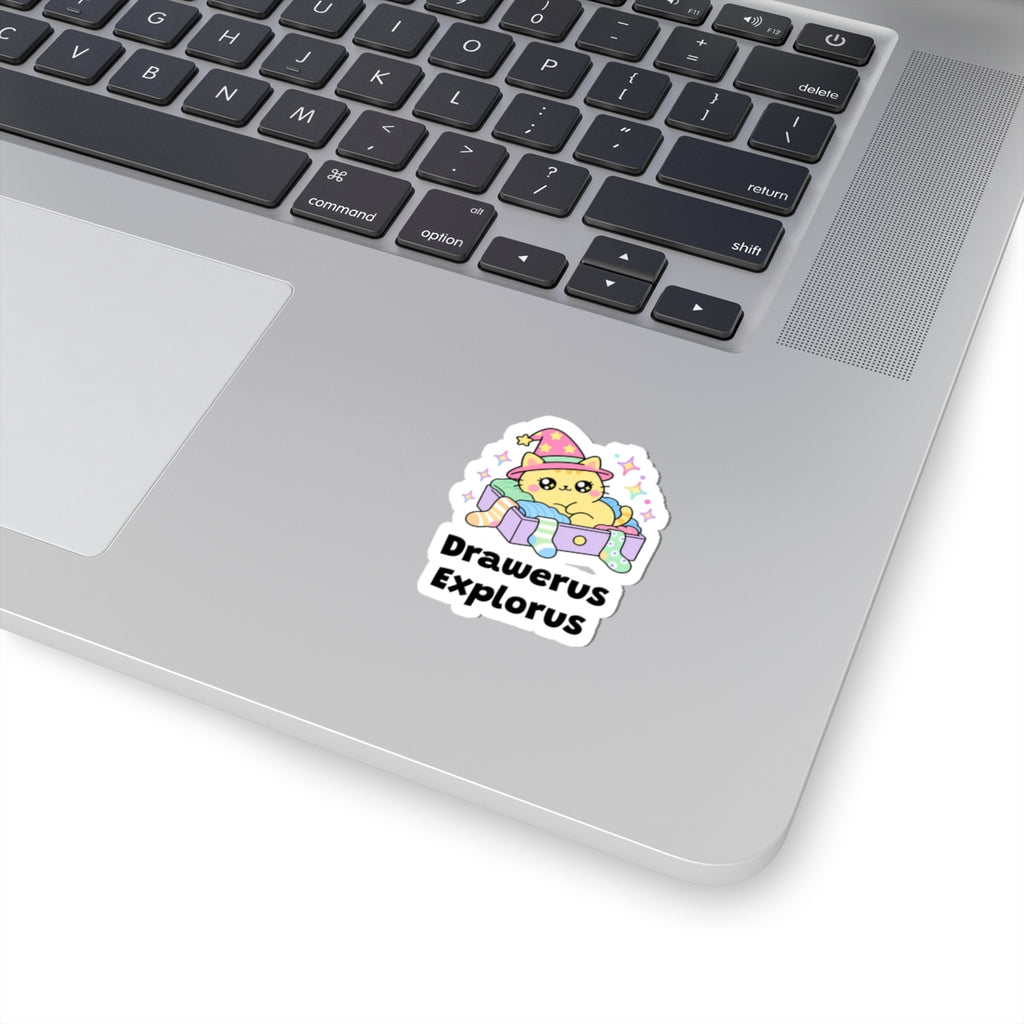 Drawerus Explorus wizard cat sticker stuck on a silver laptop next to the keyboard