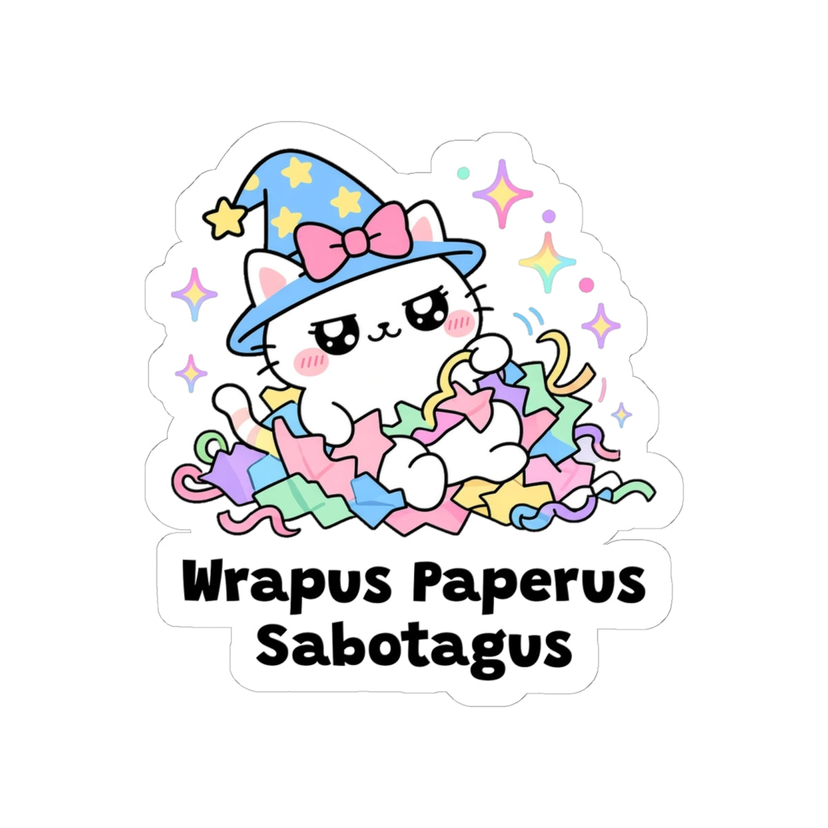 Wrapus Paperus Sabotagus kiss-cut vinyl sticker on a white background, size option 3: white wizard cat in a blue star hat with a pink bow, tangled in pastel wrapping paper
