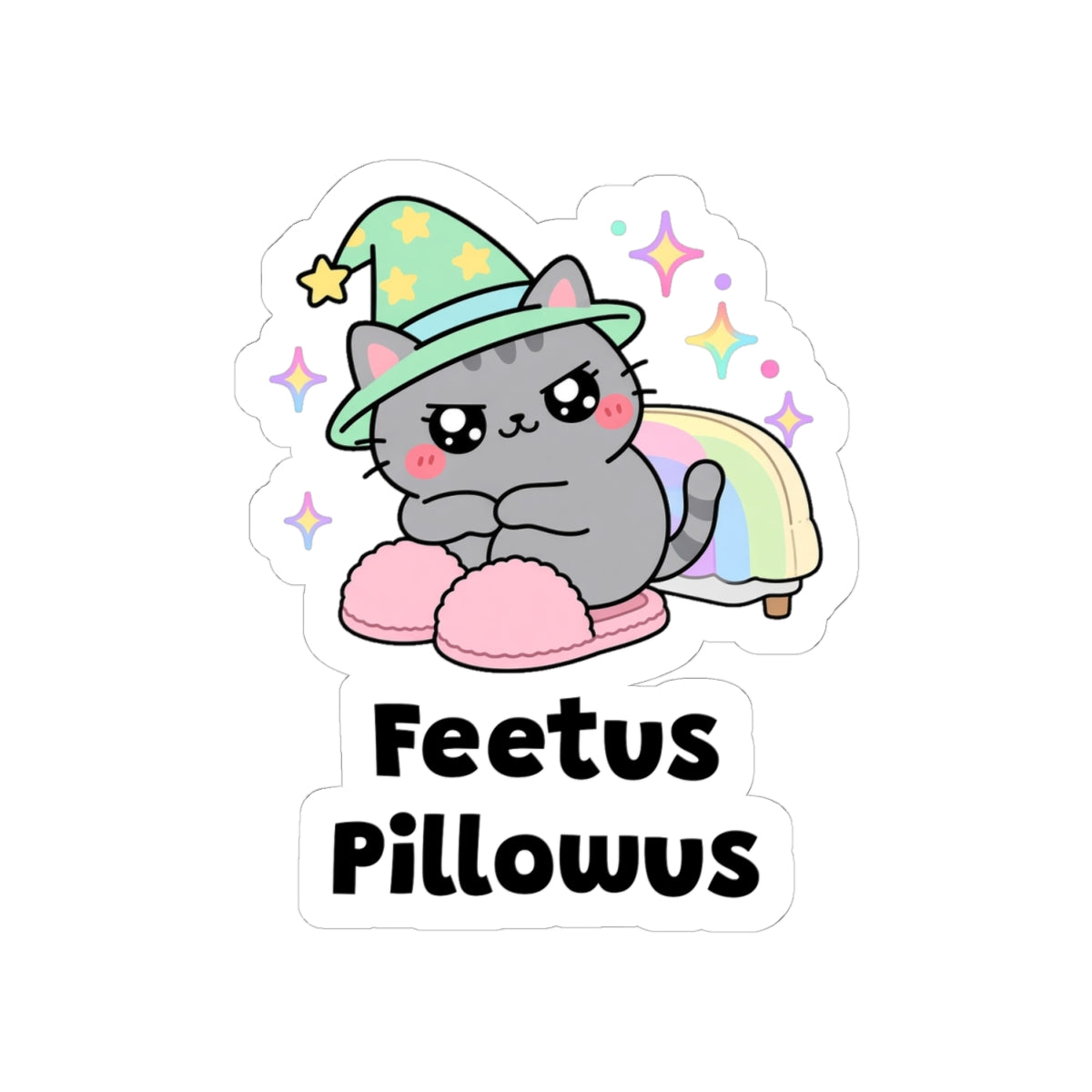 Feetus Pillowus kiss-cut vinyl sticker on a white background, size option 2: grey wizard cat in a green hat lying on a human's feet at the end of the bed