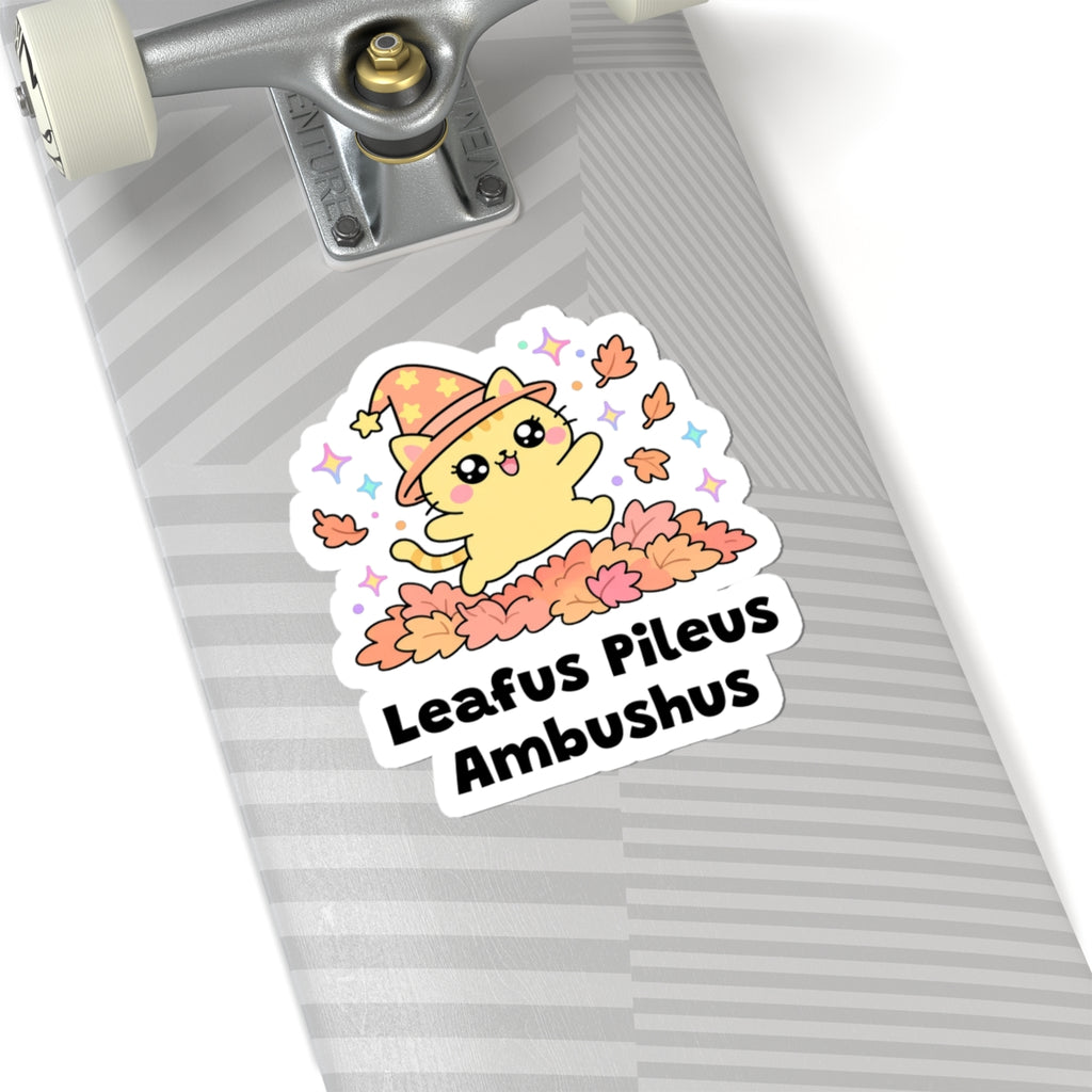 Leafus Pileus Ambushus wizard cat sticker on a grey skateboard deck near the truck