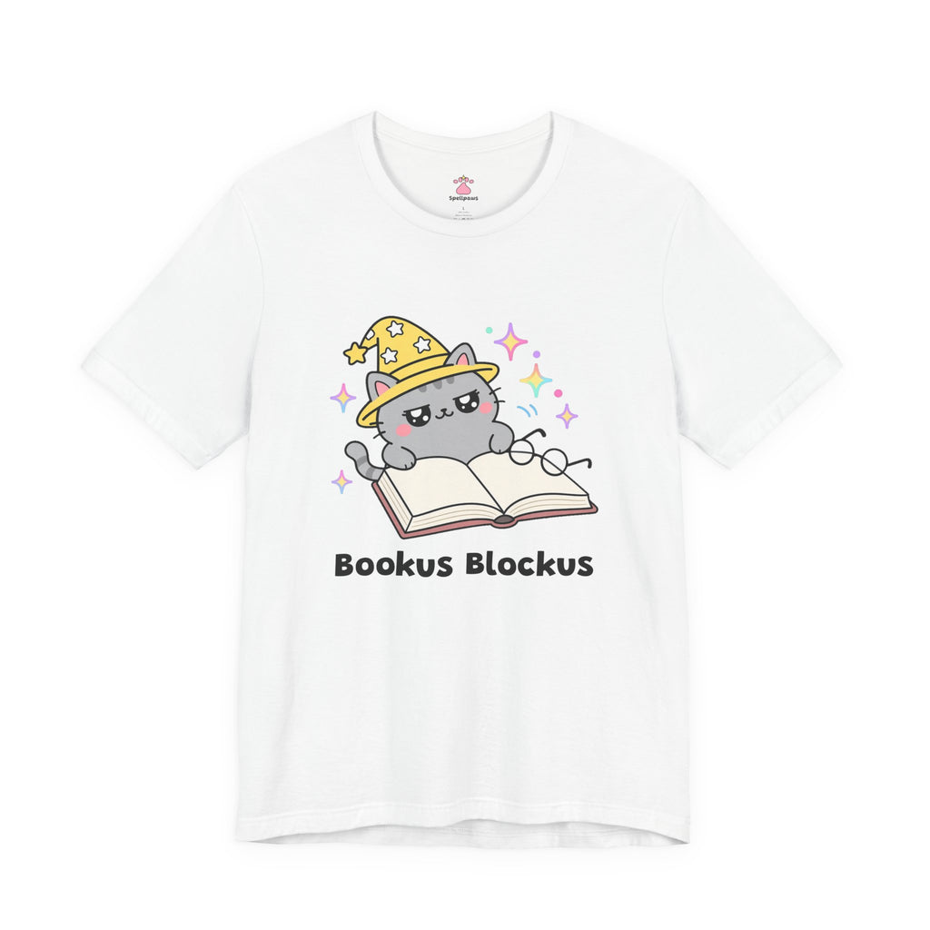 Gray wizard cat in a yellow hat lying across the pages of an open book, Bookus Blockus tee