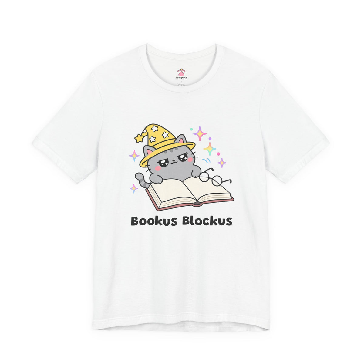 Gray wizard cat in a yellow hat lying across the pages of an open book, Bookus Blockus tee