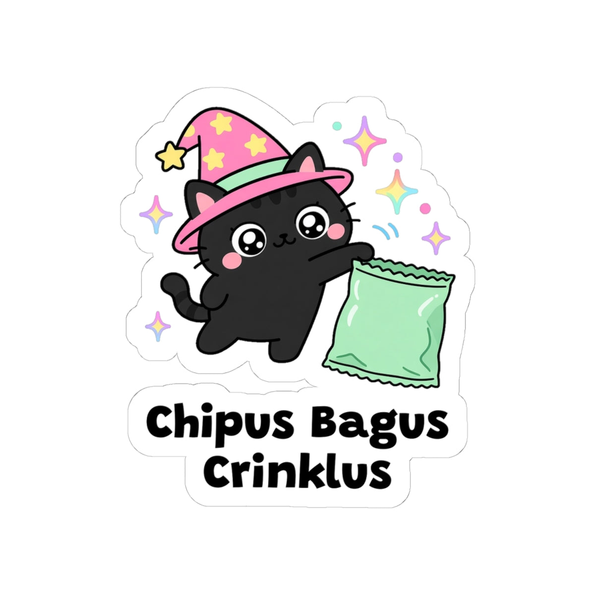 Chipus Bagus Crinklus kiss-cut vinyl sticker on a white background, size option 2: black wizard cat in a pink hat with ears perked at a green crinkly chip bag