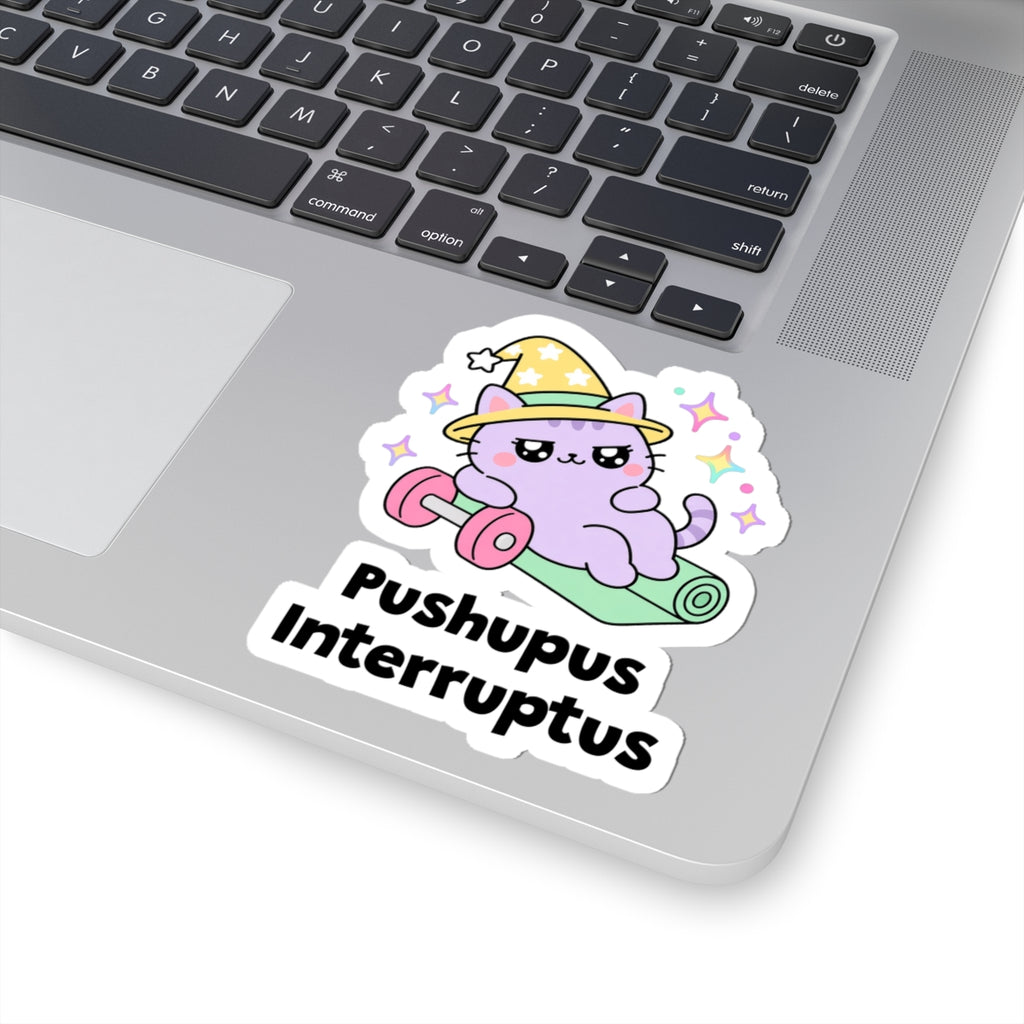 Pushupus Interruptus wizard cat sticker stuck on a silver laptop next to the keyboard
