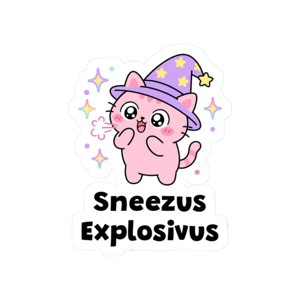 Sneezus Explosivus kiss-cut vinyl sticker on a white background, size option 4: pink wizard cat in a purple hat with wide sparkly eyes right after a sneeze