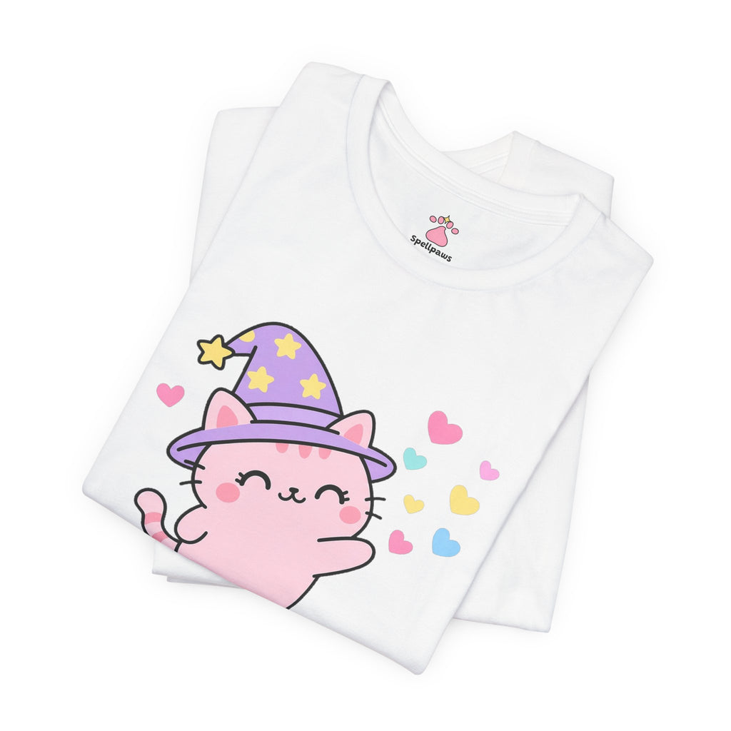 Pink wizard cat in a purple hat doing a slow loving blink with floating hearts, Blinkus Slowus Lovus tee