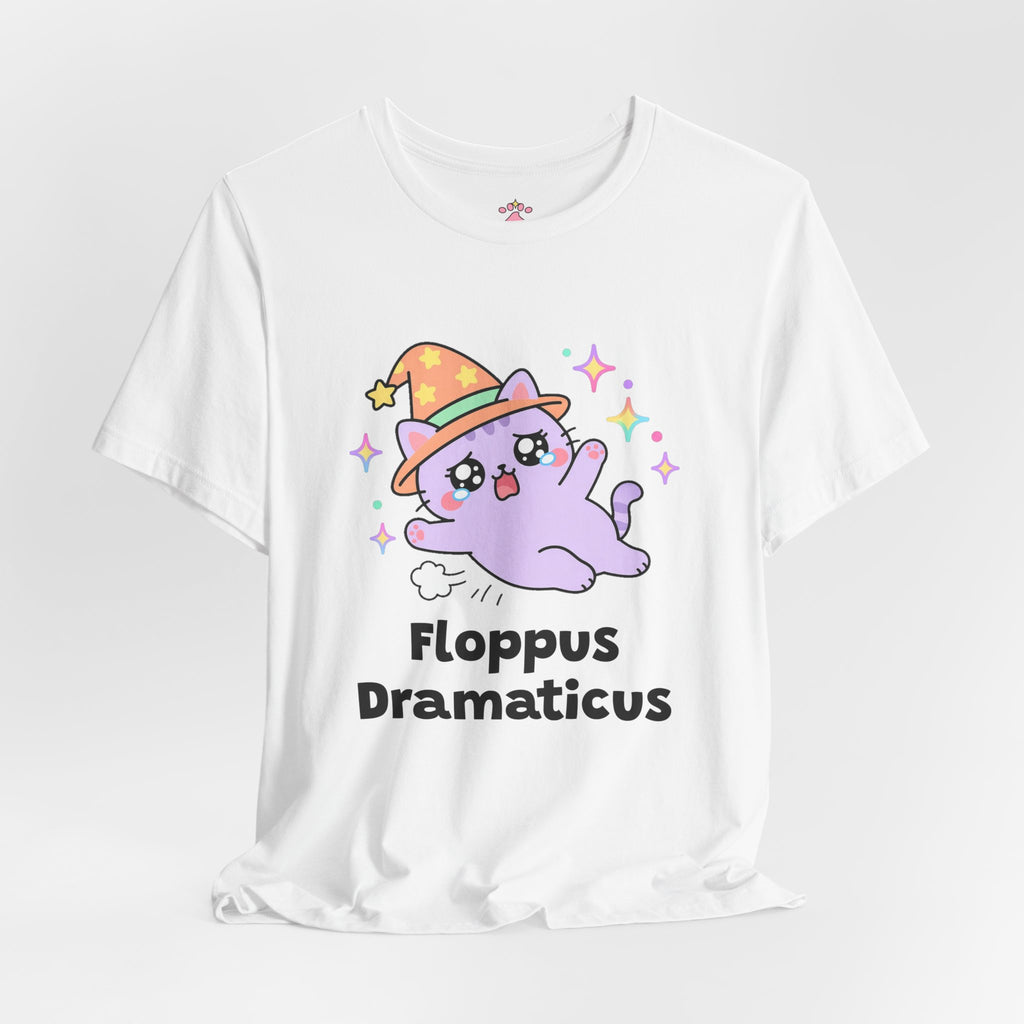 Lavender wizard cat in a pink hat flopping dramatically onto its side in a dust puff, Floppus Dramaticus tee