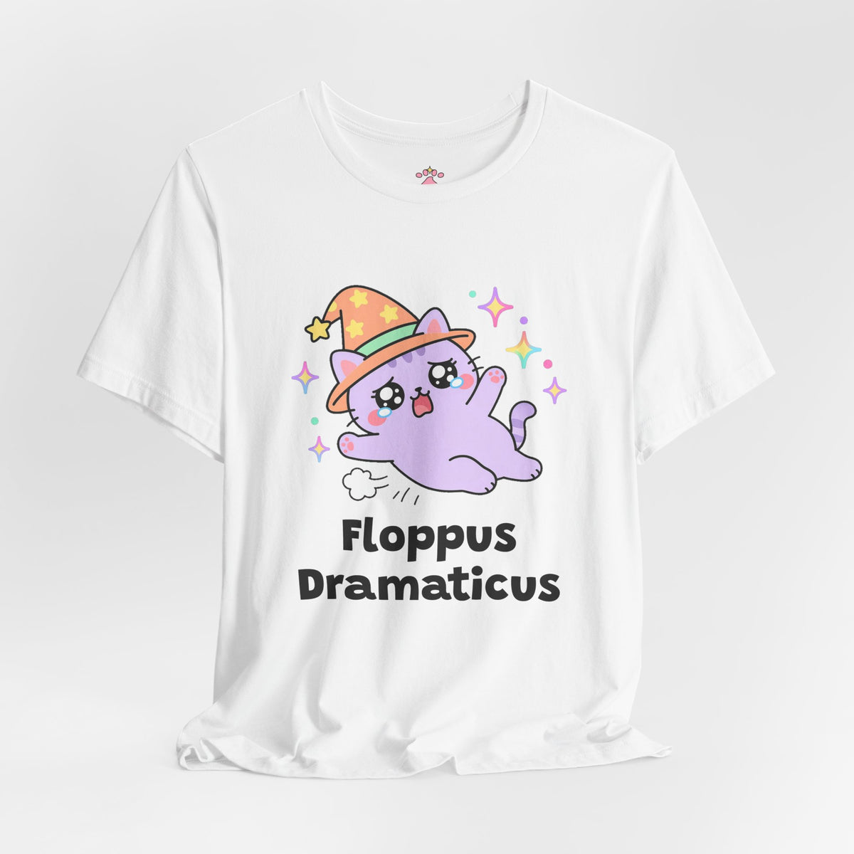 Lavender wizard cat in a pink hat flopping dramatically onto its side in a dust puff, Floppus Dramaticus tee