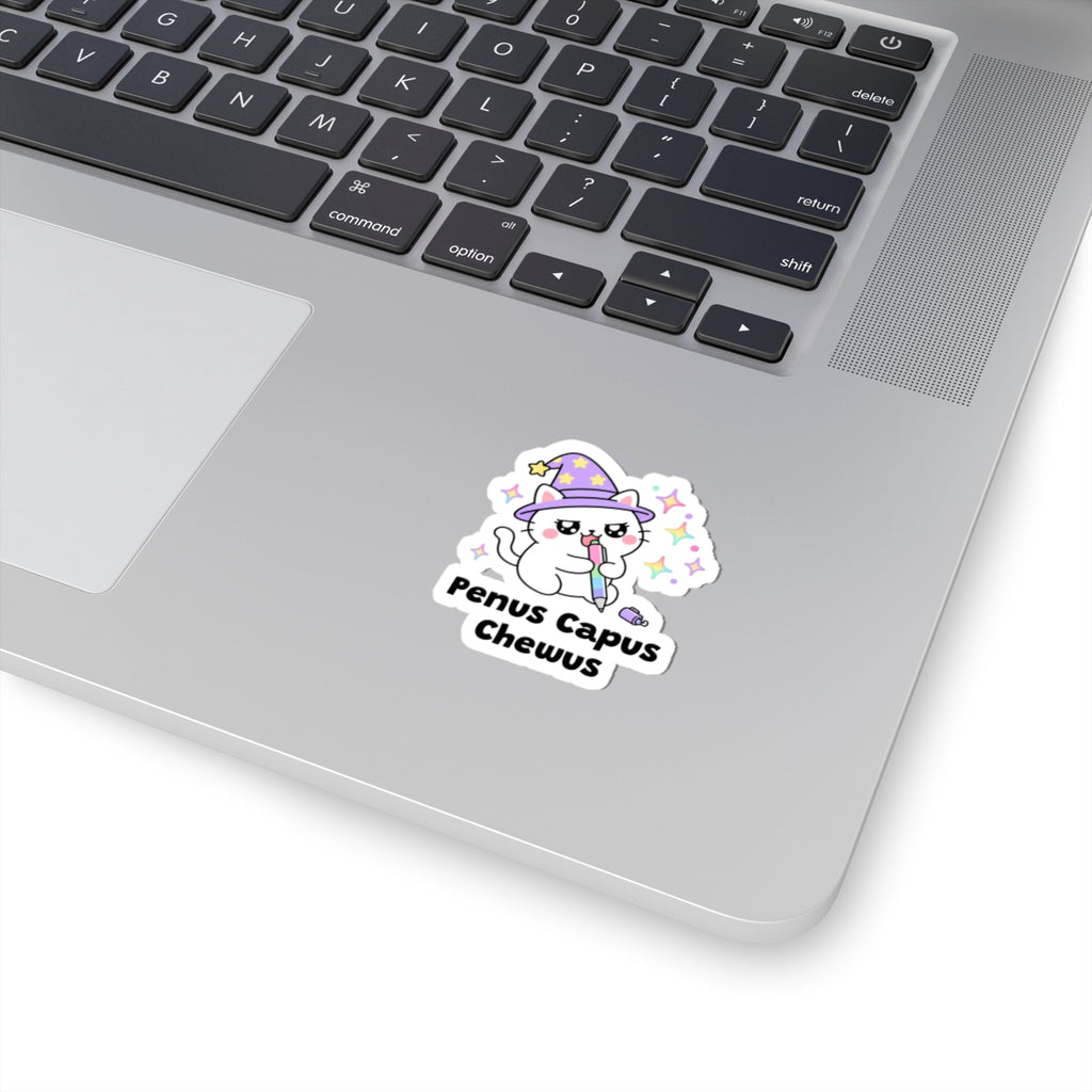 Penus Capus Chewus wizard cat sticker stuck on a silver laptop next to the keyboard