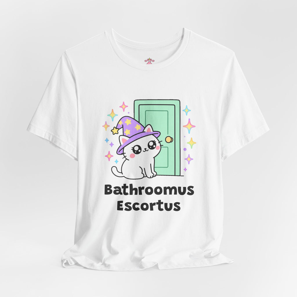 White wizard cat in a purple hat sitting at an open green bathroom door, staring with big sparkly eyes, Bathroomus Escortus tee