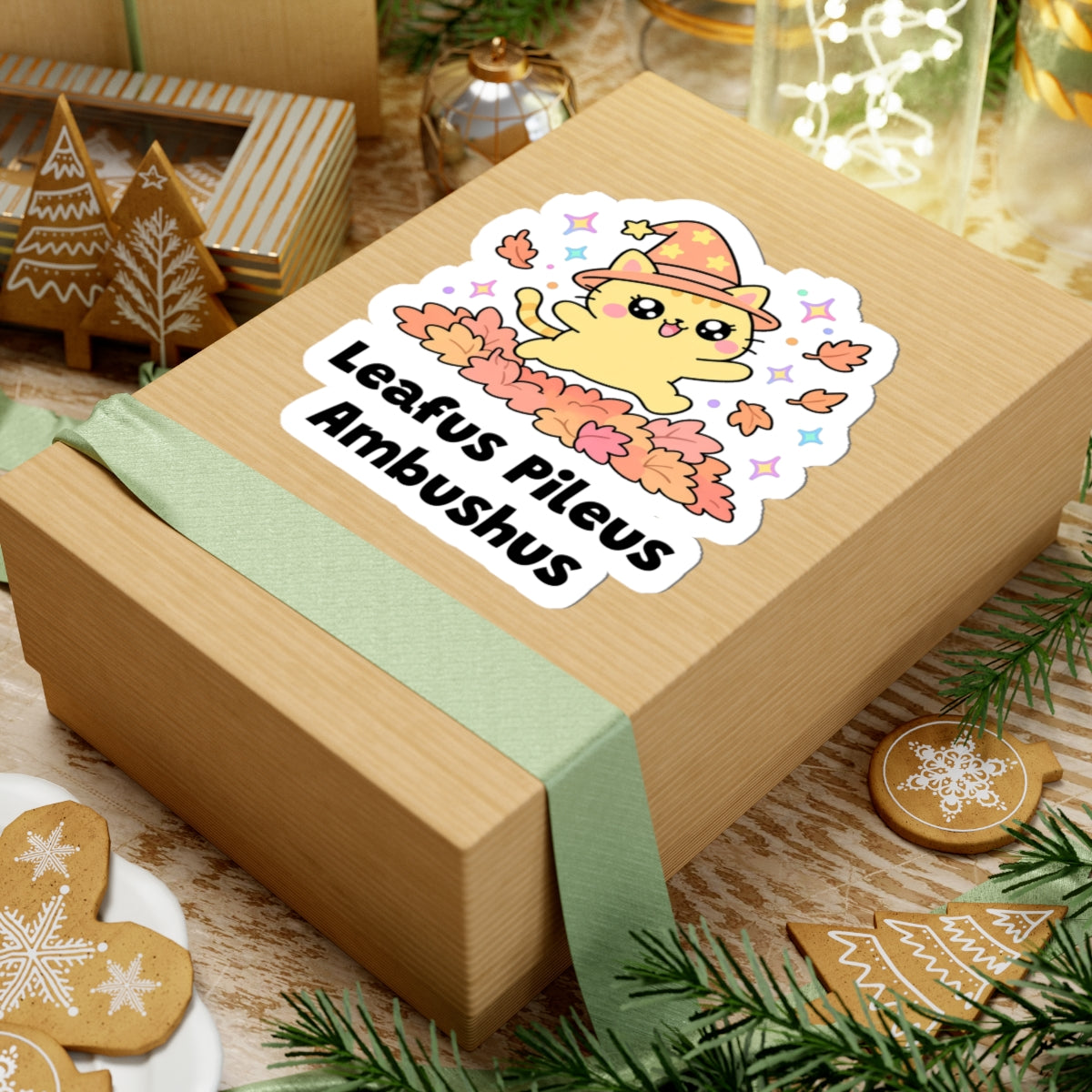 Leafus Pileus Ambushus wizard cat sticker on a kraft gift box with a green ribbon and holiday cookies