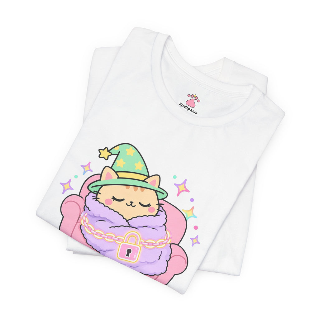 Sleepy wizard cat in a green hat curled up on a pink lap blanket held by a tiny padlock, Lapus Imprisonus tee